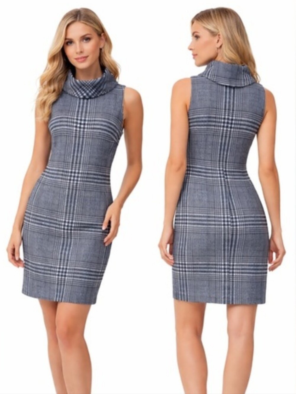 J Mclaughlin Demi Dress Sleeveless Houndsthoth White Blue Knee Sheath L Women's